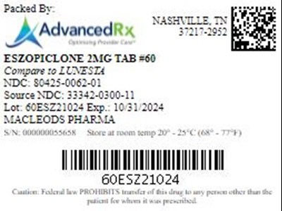 Eszopiclone 2mg Tab Qty 60 Ndc 80425 0062